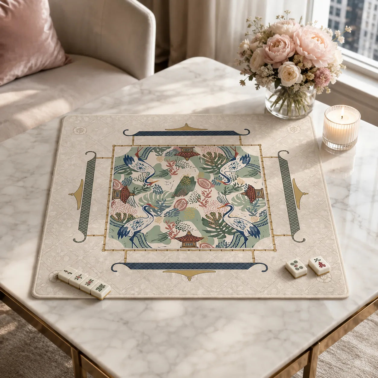 Elegant Crane Garden Mahjong Mat