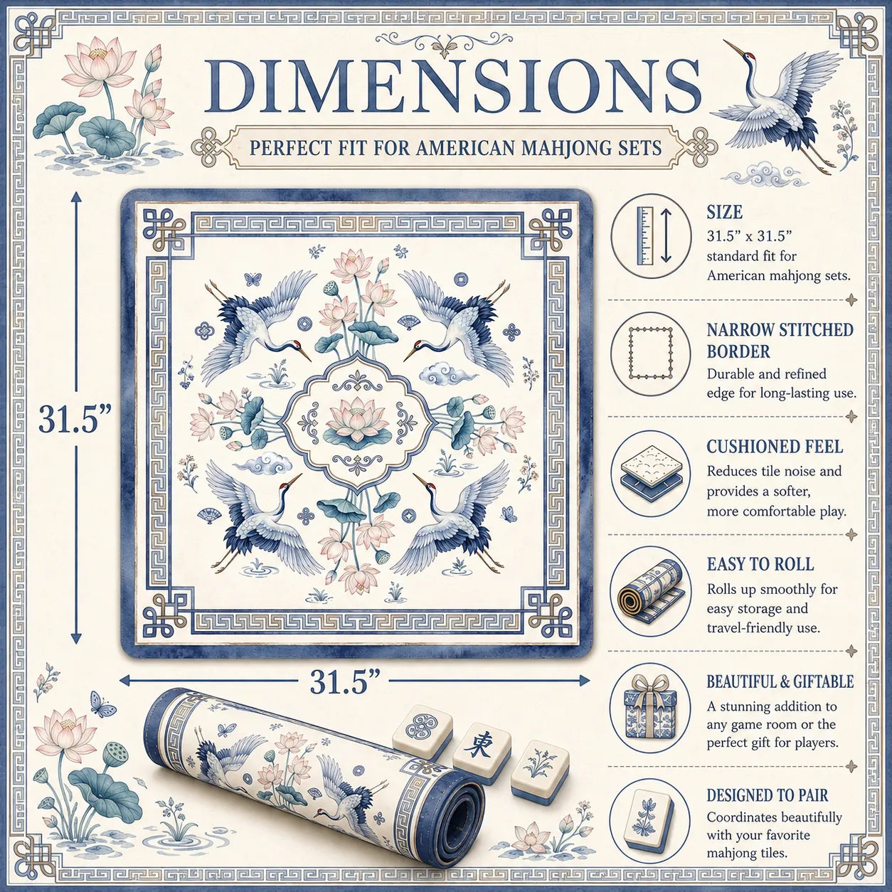 Elegant Crane & Lotus Mahjong Mat