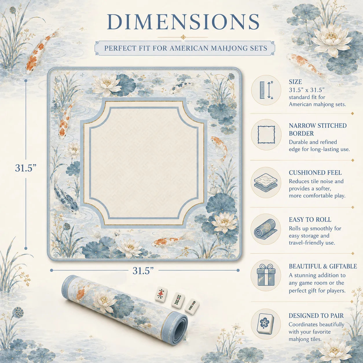 Blue Lotus Koi Mahjong Mat