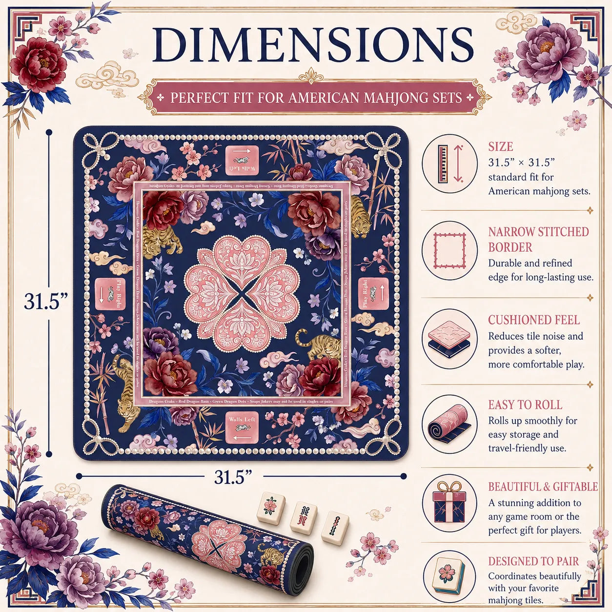 Navy Peony Tiger Mahjong Mat