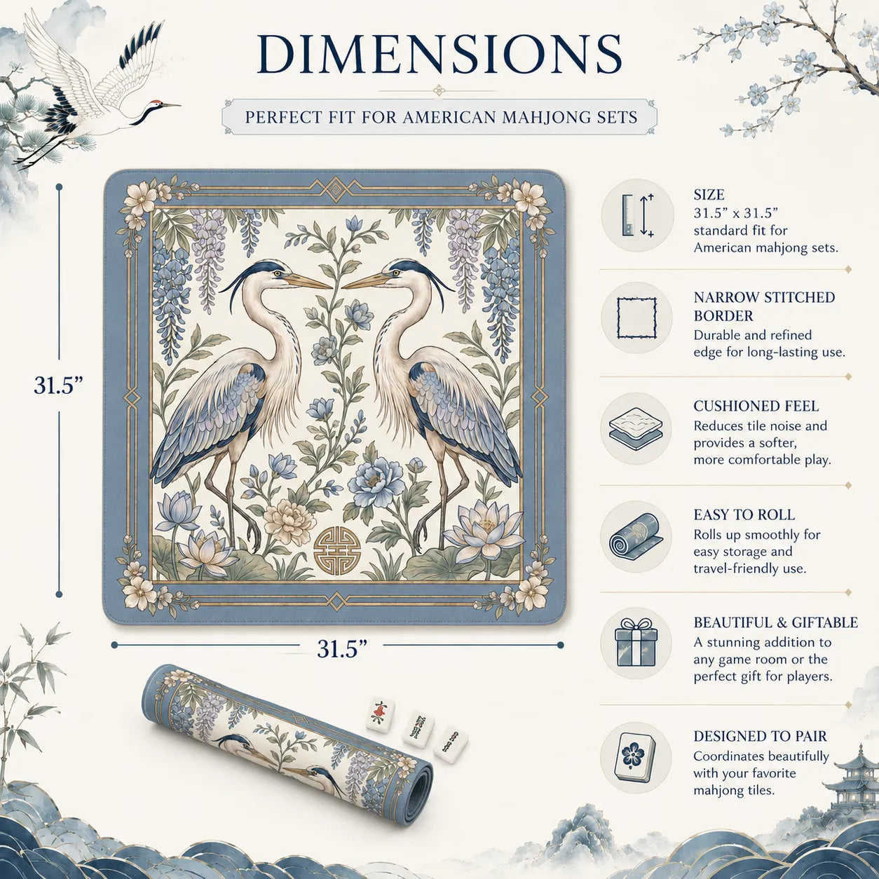Elegant Blue Heron Mahjong Mat