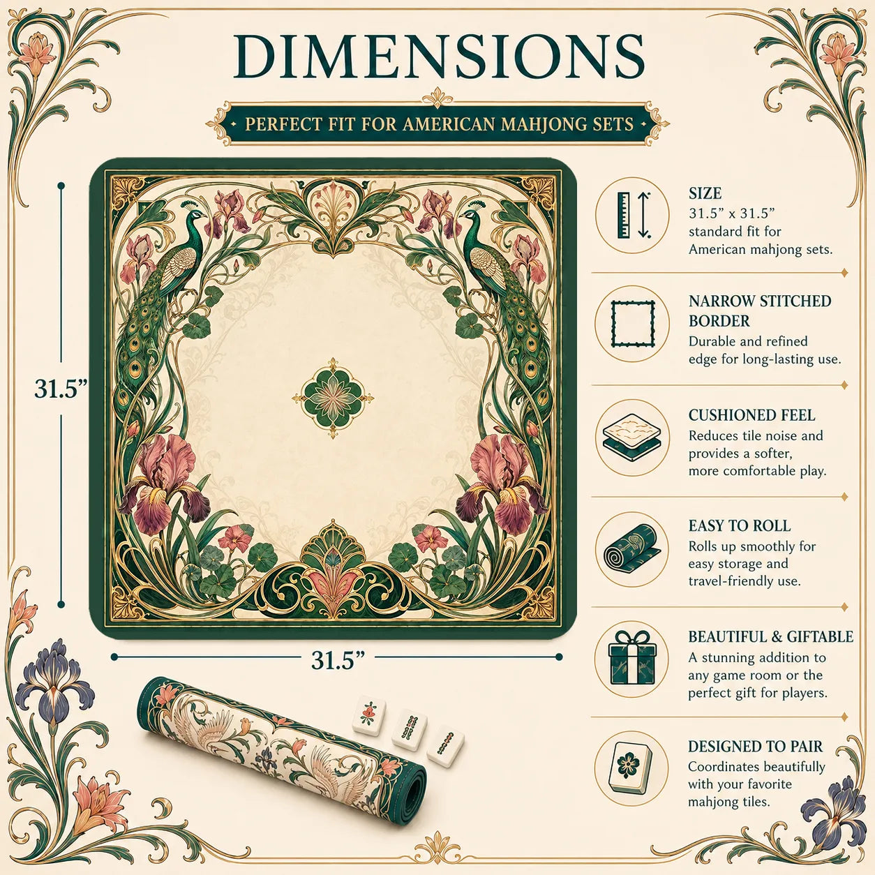 Peacock Iris Art Nouveau Mahjong Mat