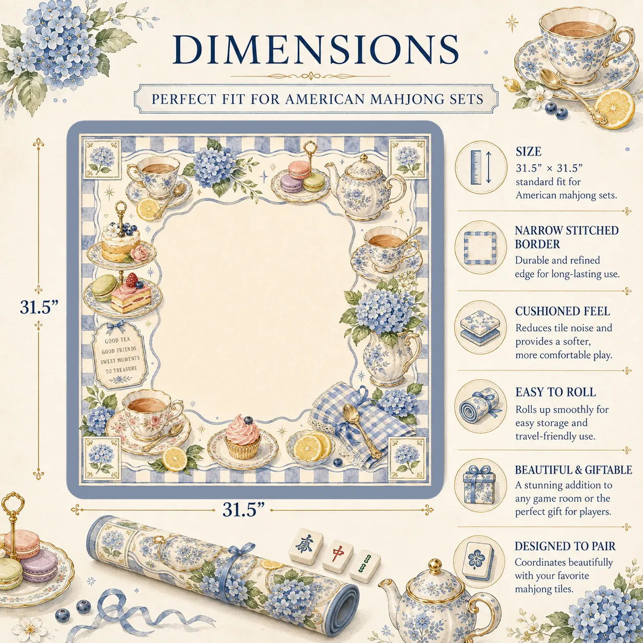 Blue Hydrangea Tea Party Mahjong Mat